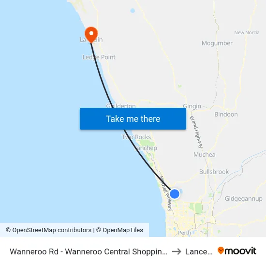 Wanneroo Rd - Wanneroo Central Shopping Ctr to Lancelin map