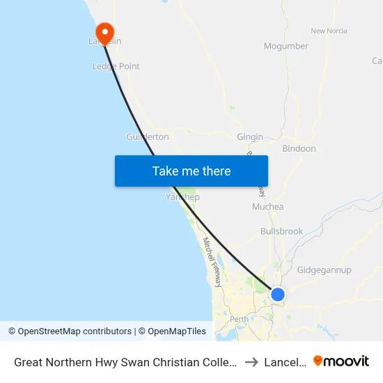 Great Northern Hwy Swan Christian College to Lancelin map