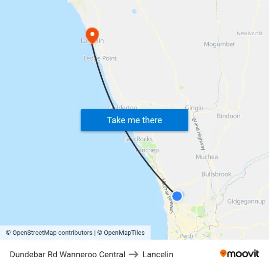 Dundebar Rd Wanneroo Central to Lancelin map