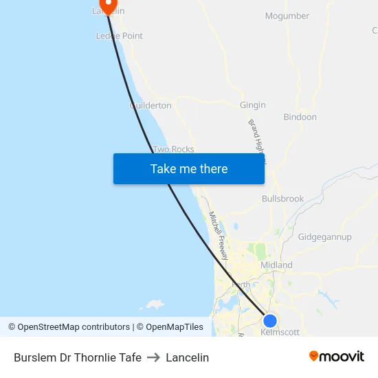 Burslem Dr Thornlie Tafe to Lancelin map