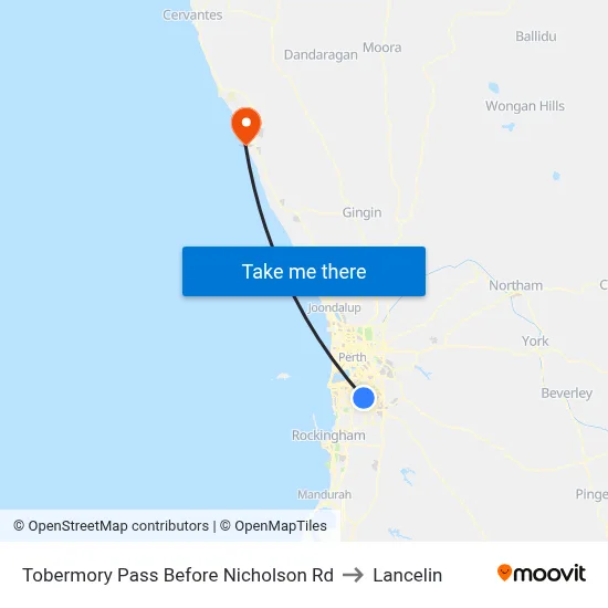 Tobermory Pass Before Nicholson Rd to Lancelin map