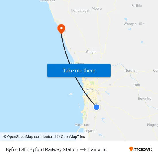 Byford Stn Byford Railway Station to Lancelin map