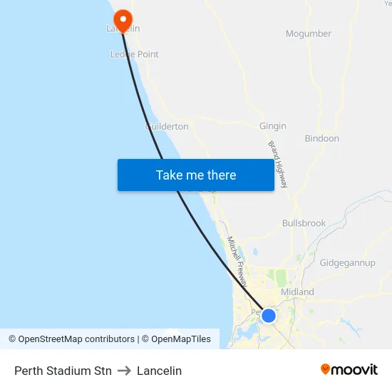 Perth Stadium Stn to Lancelin map