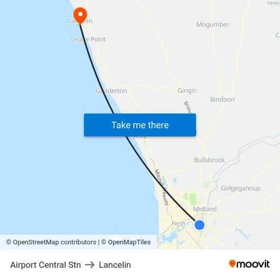 Airport Central Stn to Lancelin map