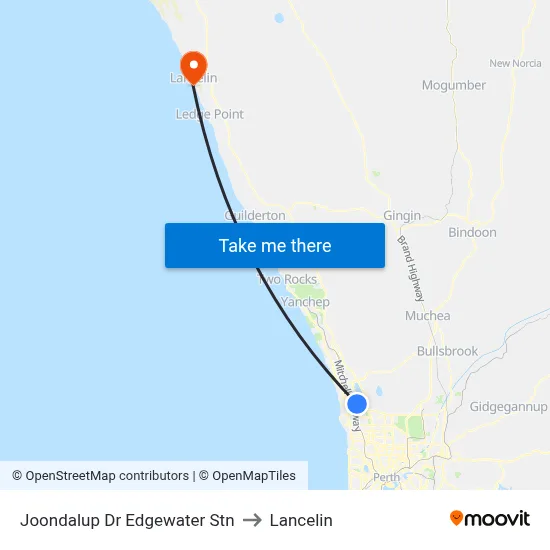 Joondalup Dr Edgewater Stn to Lancelin map