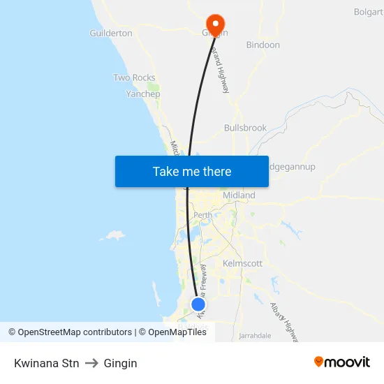 Kwinana Stn to Gingin map