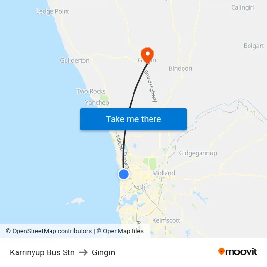 Karrinyup Bus Stn to Gingin map