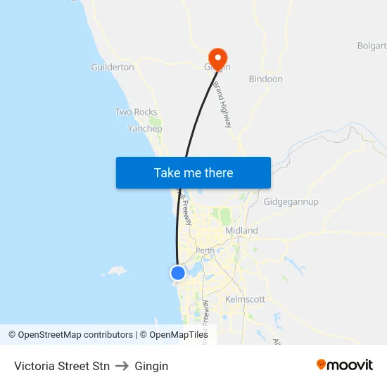Victoria Street Stn to Gingin map