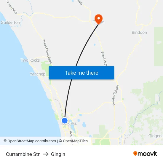 Currambine Stn to Gingin map