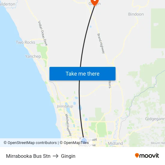 Mirrabooka Bus Stn to Gingin map