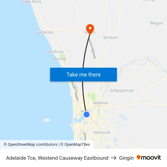 Adelaide Tce, Westend Causeway Eastbound to Gingin map
