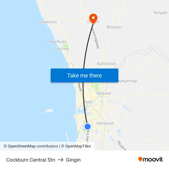 Cockburn Central Stn to Gingin map
