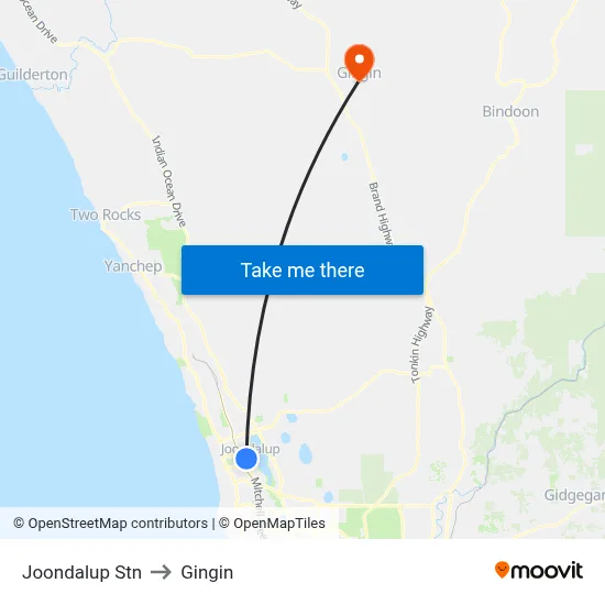 Joondalup Stn to Gingin map