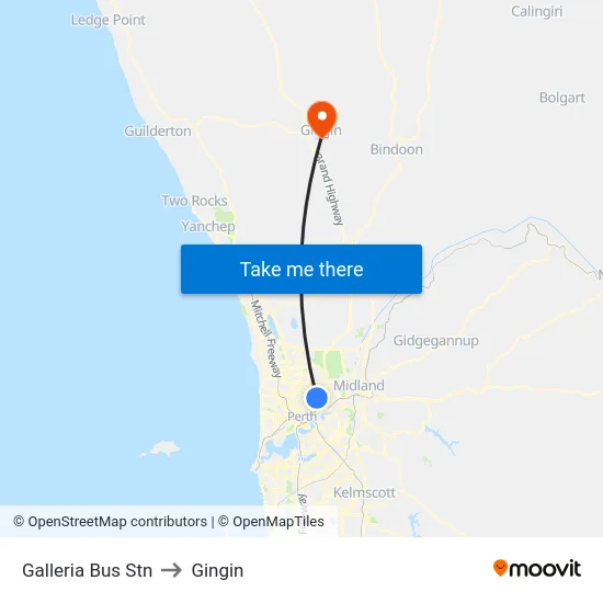Galleria Bus Stn to Gingin map