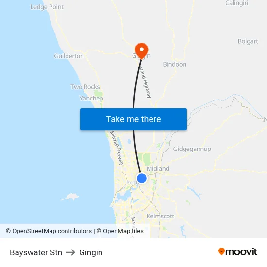 Bayswater Stn to Gingin map