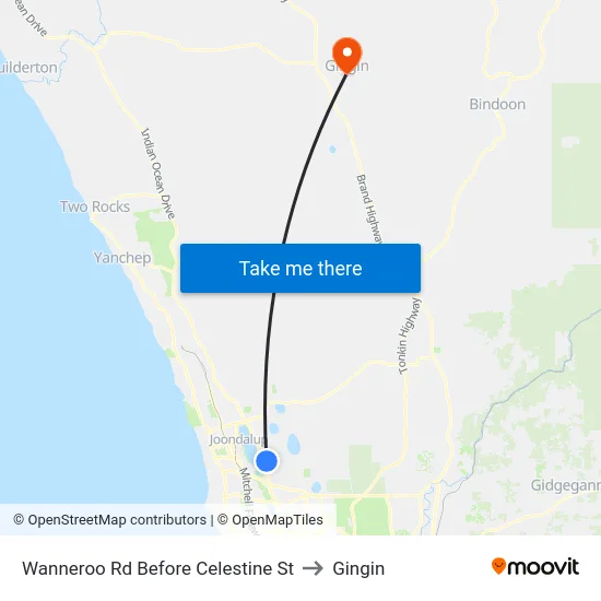 Wanneroo Rd Before Celestine St to Gingin map