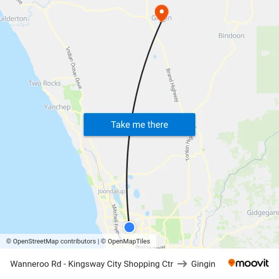 Wanneroo Rd - Kingsway City Shopping Ctr to Gingin map