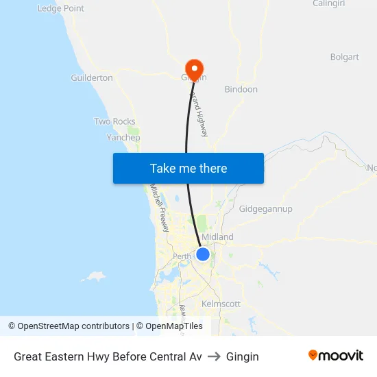 Great Eastern Hwy Before Central Av to Gingin map