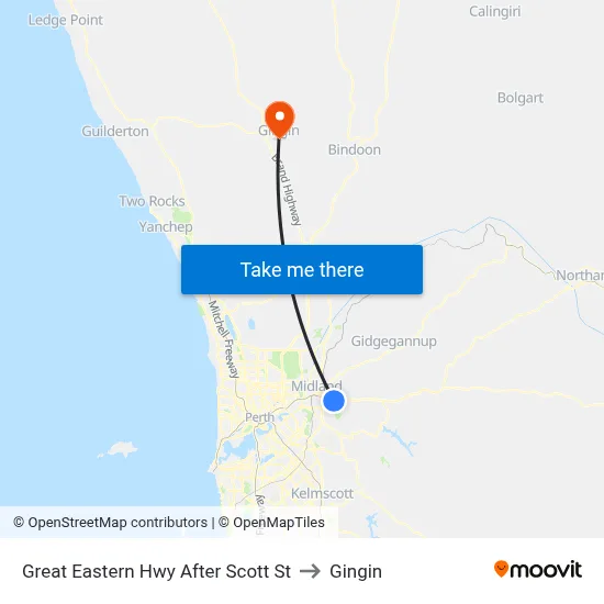 Great Eastern Hwy After Scott St to Gingin map