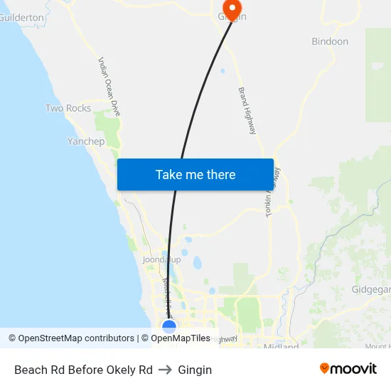 Beach Rd Before Okely Rd to Gingin map