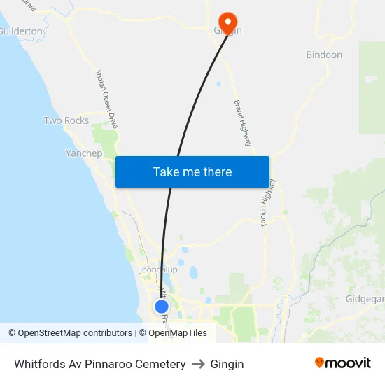 Whitfords Av Pinnaroo Cemetery to Gingin map