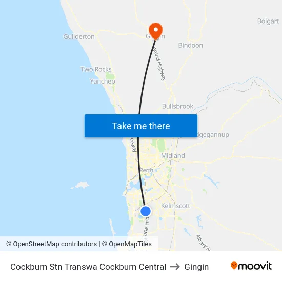 Cockburn Stn Transwa Cockburn Central to Gingin map