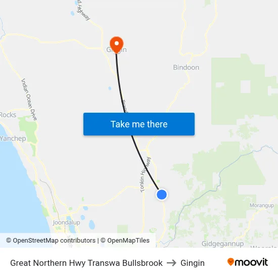 Great Northern Hwy Transwa Bullsbrook to Gingin map
