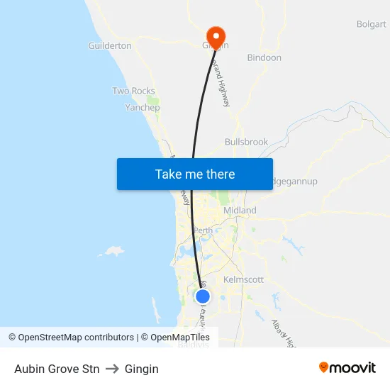 Aubin Grove Stn to Gingin map