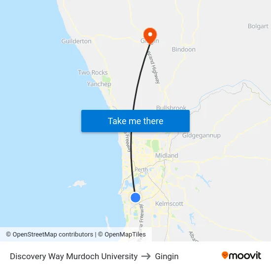 Discovery Way Murdoch University to Gingin map