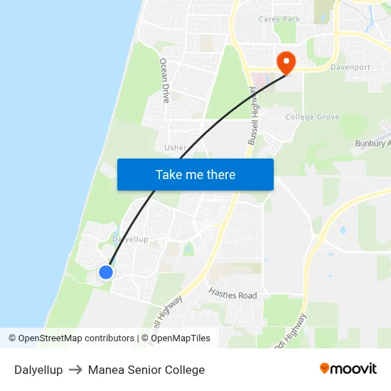 Dalyellup to Manea Senior College map
