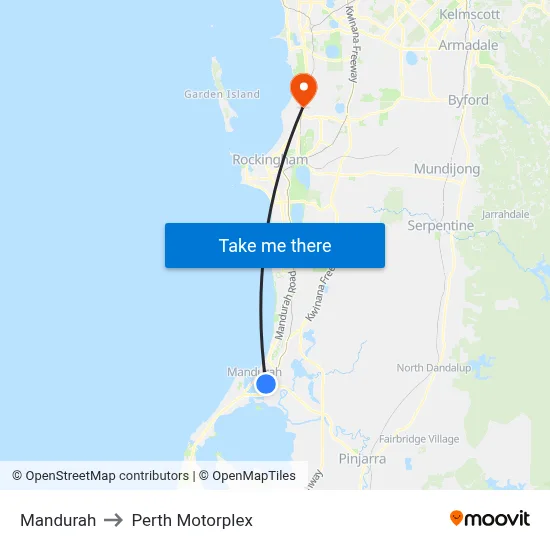 Mandurah to Perth Motorplex map