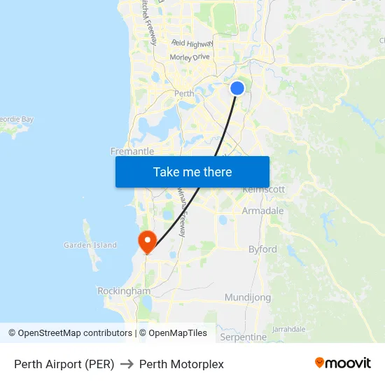 Perth Airport (PER) to Perth Motorplex map