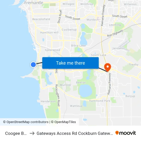 Coogee Beach to Gateways Access Rd Cockburn Gateway Shop Ctr map
