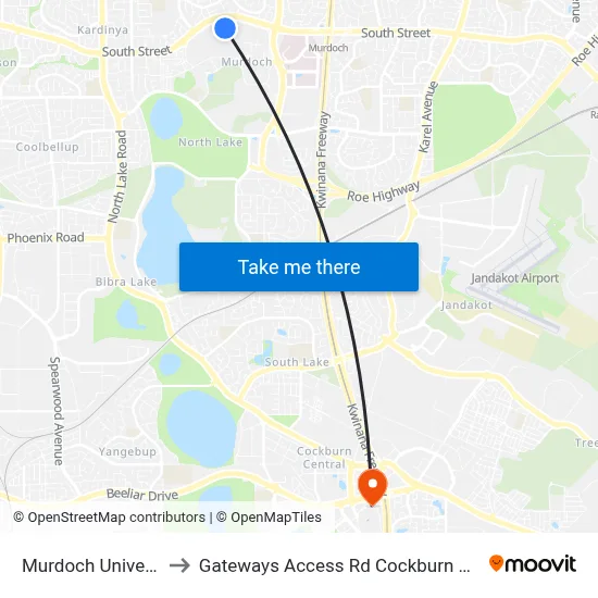 Murdoch University Gym to Gateways Access Rd Cockburn Gateway Shop Ctr map