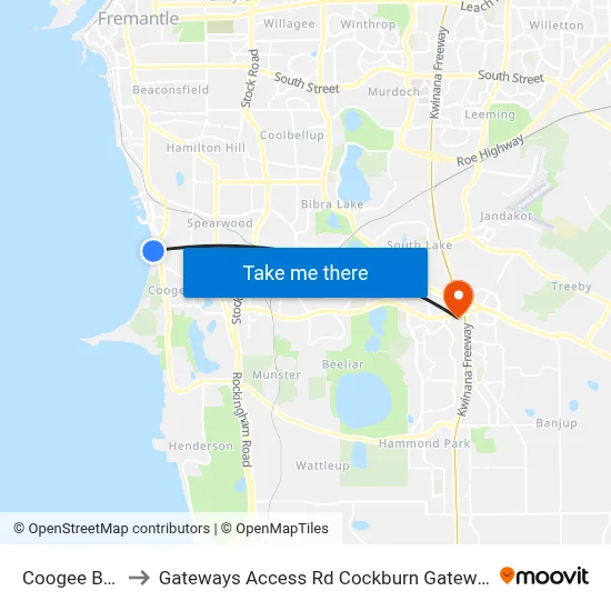Coogee Beach to Gateways Access Rd Cockburn Gateway Shop Ctr map