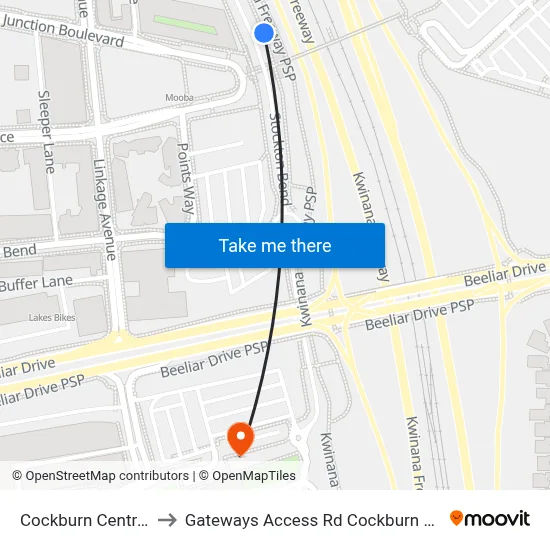 Cockburn Central Station to Gateways Access Rd Cockburn Gateway Shop Ctr map