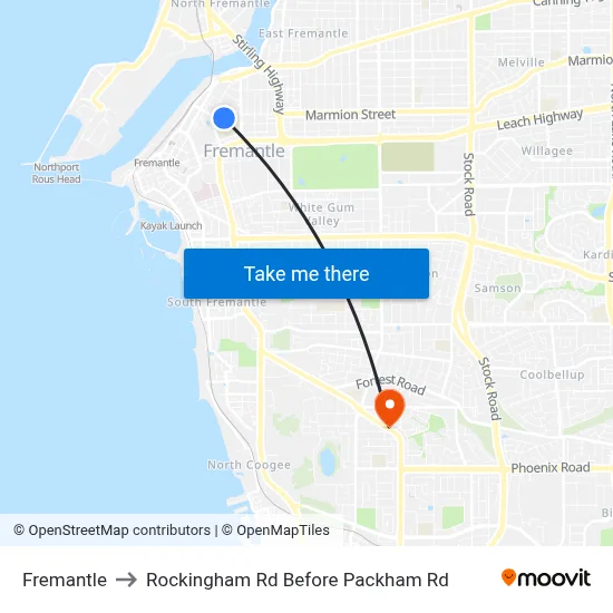 Fremantle to Rockingham Rd Before Packham Rd map