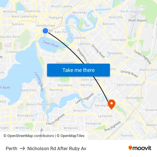 Perth to Nicholson Rd After Ruby Av map