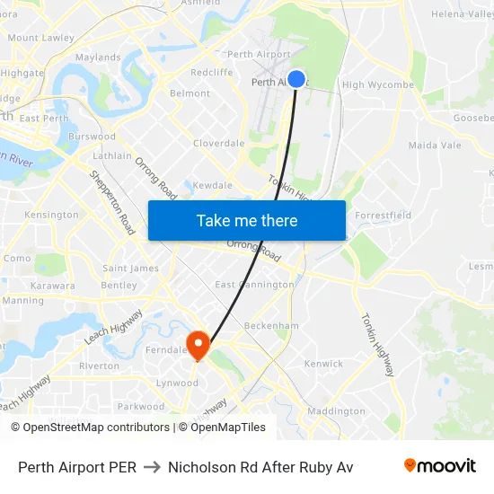 Perth Airport PER to Nicholson Rd After Ruby Av map
