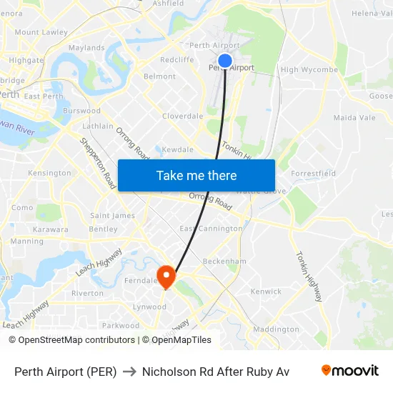 Perth Airport (PER) to Nicholson Rd After Ruby Av map