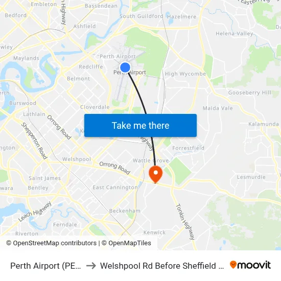 Perth Airport (PER) to Welshpool Rd Before Sheffield Rd map