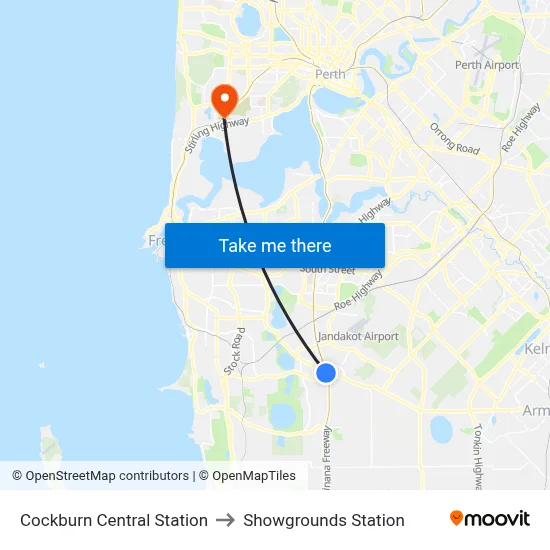 Cockburn Central Station to Showgrounds Station map