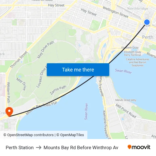 Perth Station to Mounts Bay Rd Before Winthrop Av map