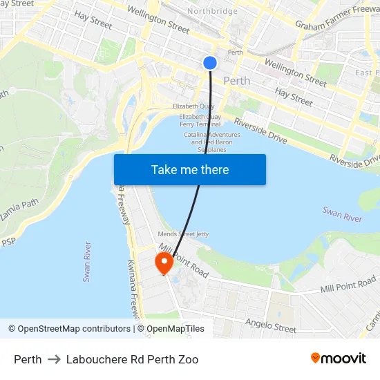 Perth to Labouchere Rd Perth Zoo map