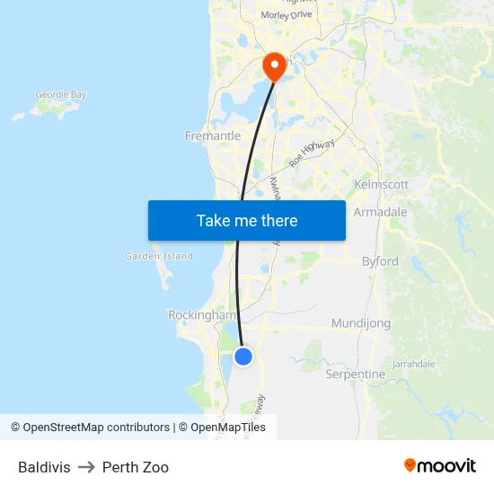 Baldivis to Perth Zoo map