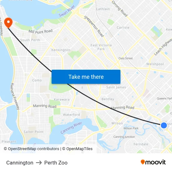 Cannington to Perth Zoo map