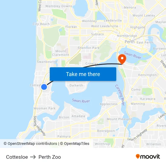 Cottesloe to Perth Zoo map
