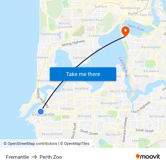 Fremantle to Perth Zoo map