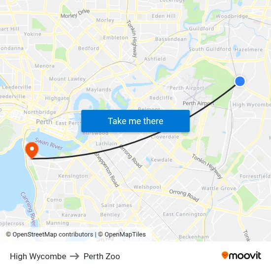 High Wycombe to Perth Zoo map