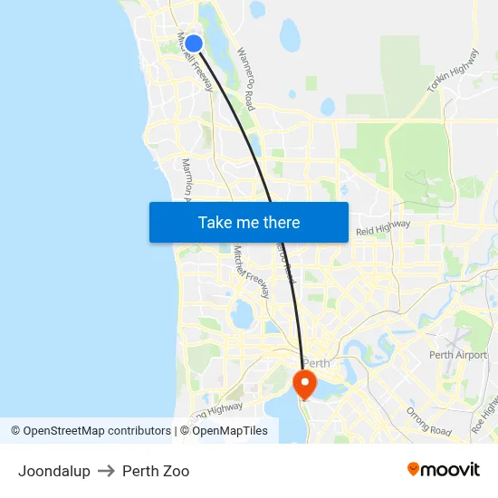 Joondalup to Perth Zoo map